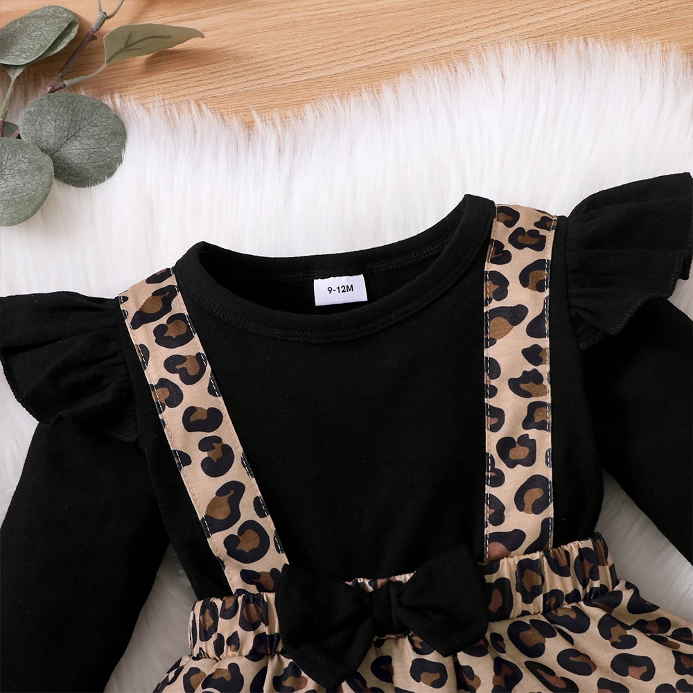 LAPA 0-18M Autumn Onesie Clothes 2pcs Set Baby Girls Leopard Printed Romper Dress Long Sleeve Bow Baby Bodysuits with Headband