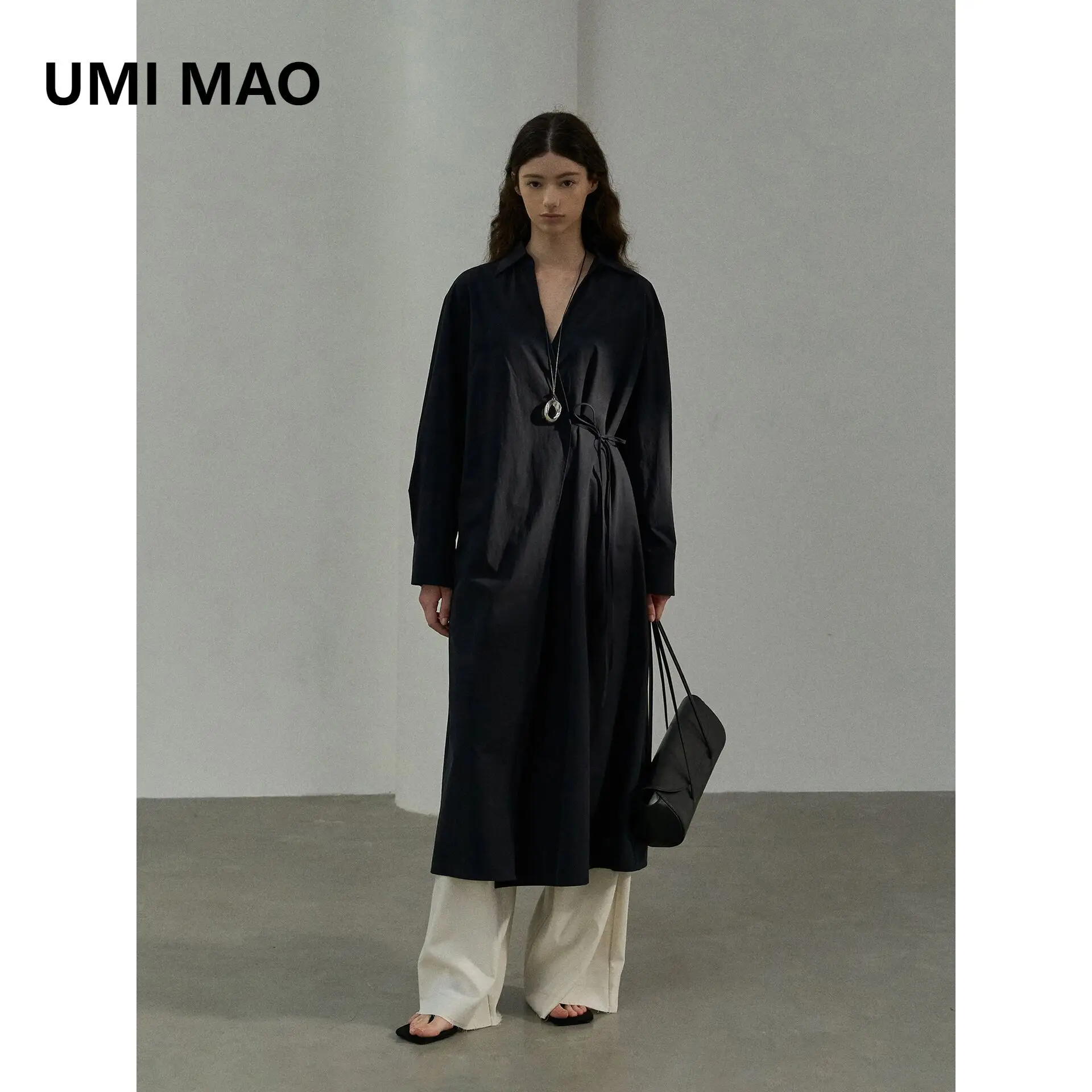 

UMI MAO Dress Femme Autumn New Commuting Design High Density Cotton V-neck Strap Shirt Dress Trendy Clothes For Women