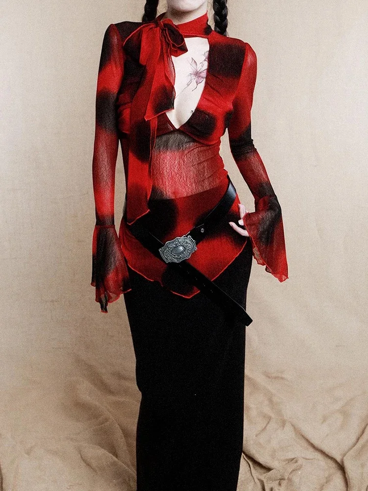IMU Multi-wear Mesh Sheer T-shirt Women Vintage Tie Dye Scarf V Neck Flare Long Sleeves Irregular Top Gothic Alt Cloth