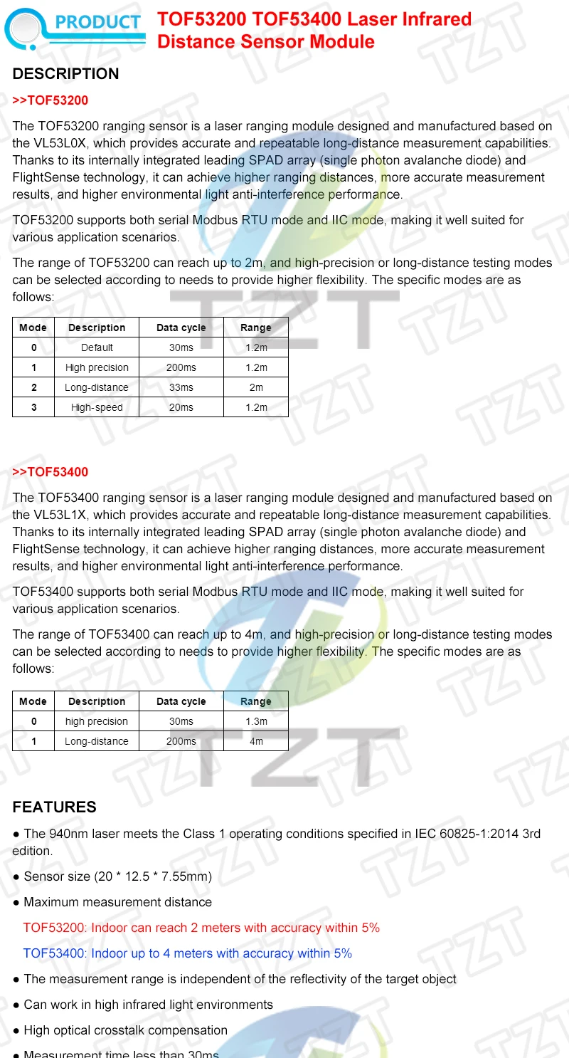 1/3 Stück TOF53200 TOF53400 2M / 4M Laser-Infrarot-Entfernungsmessungs-Sensormodul MODBUS IIC Serieller Modus für Arduino – Detail 1