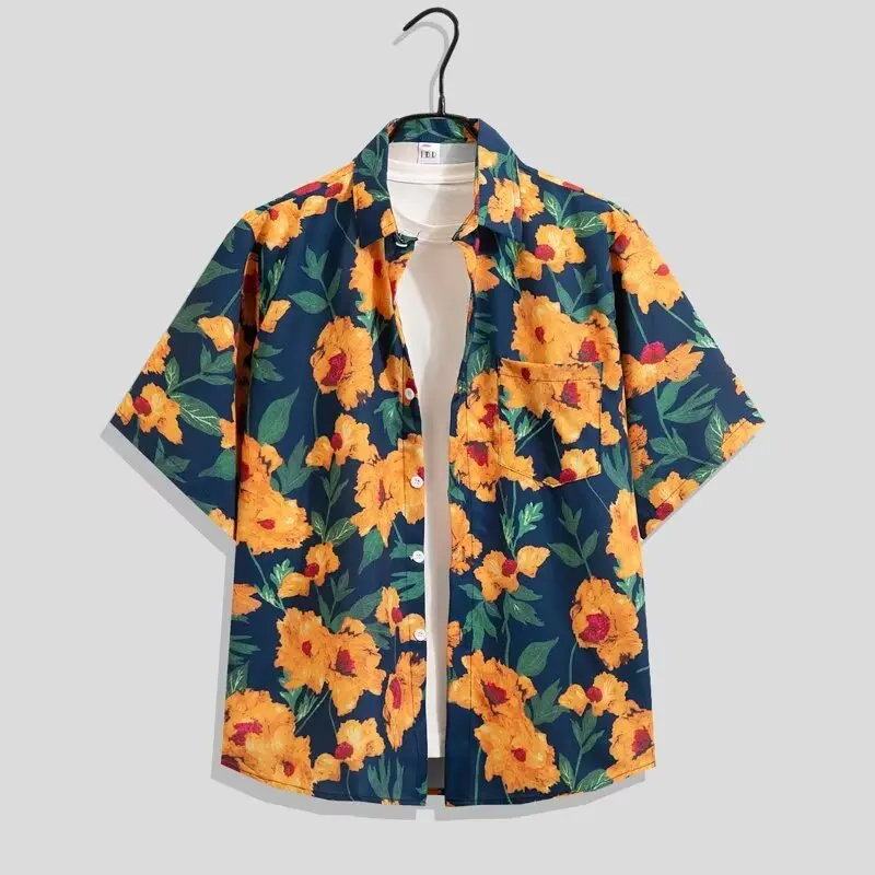 Men's Summer Beach Vacation Hawaiian Retro Short Sleeve Flower Shirt High Street Fashion Casual Loose Half Sleeve Floral Shirt