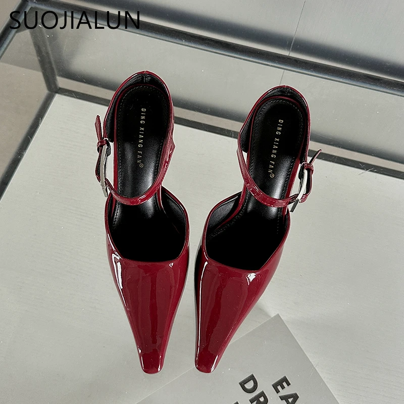 SUOJIALUN 2024 Spring New Brand Women Slipper Fashion Pointed Toe Shallow Slip On Mules Shoes Thin High Heel Dress Pumps Sandals