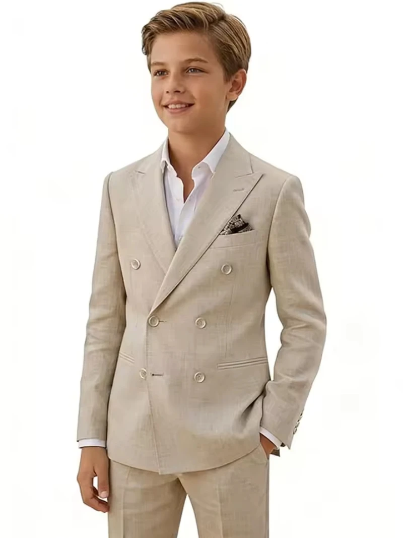 Beige/Blue Linen Boys Suit Jacket Pants 2 Piece Set Summer Beach Wedding Tuxedo Casual Kids Blazer Set Children Clothes