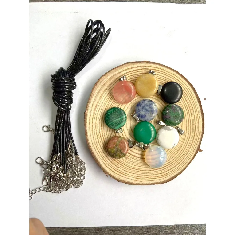 Round Natural Stone Watermelon Crystal Carved Single Hole Pendant with Leather Cord Necklace Jewelry Handmade Gift 20x23mm