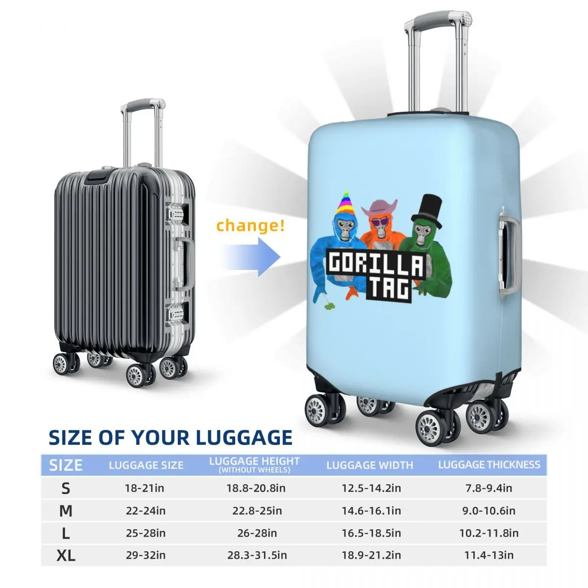 Gorilla tag festa chapéu gorilla tag merch mala capa proteção elástica viagem bagagem protetor capas para 18-32 Polegada