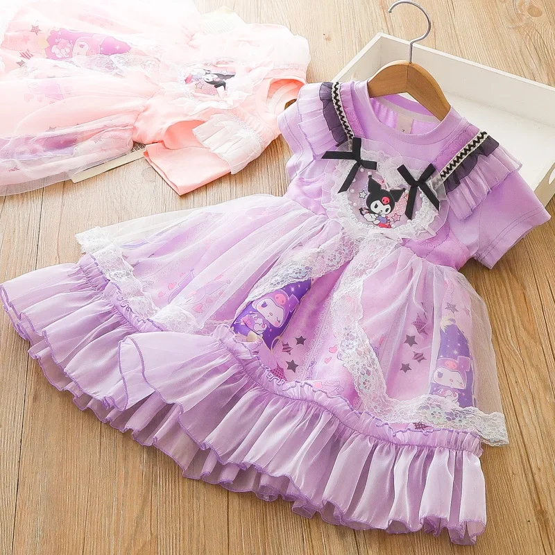 Kawaii Kuromi 2024 New Girls Dress Summer Anime Sanrio Girly Heart Cute Children's Lolita Princess Dress Birthday Dress gifts