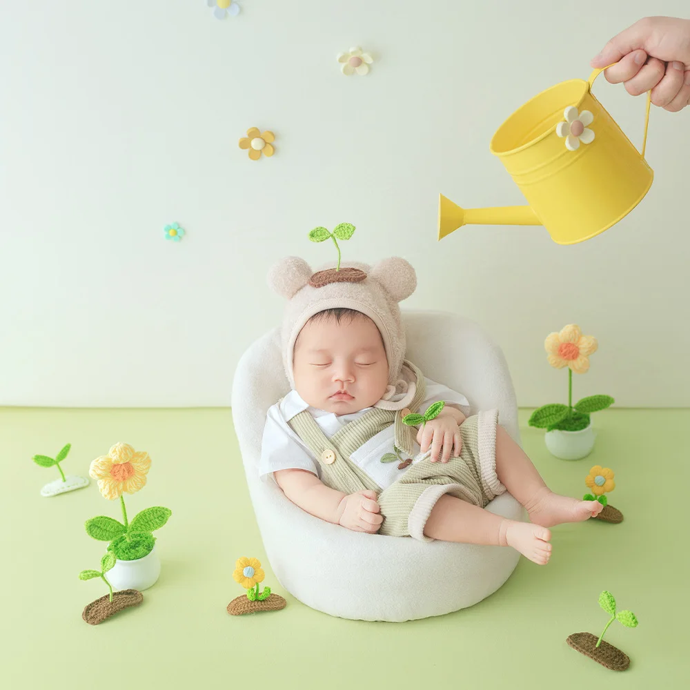Adorable Baby Growth Memory Photography Props Baby Costume Crochet Flower+tender Shoots Decor for Studio Baby Spring-Theme Photo