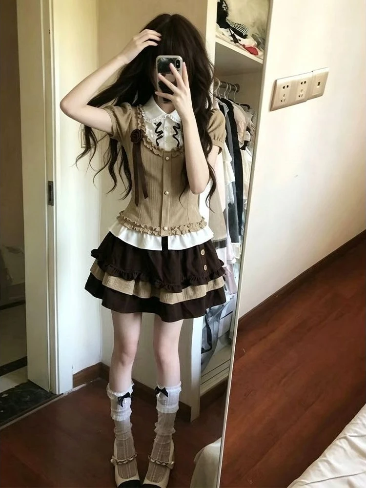 Japan Style Kawaii 2 Piece Skirt Set Women 2000s Harajuku Vintage Sweet Suits Lolita Short Sleeve + Mini Skirts Y2k Matching Set