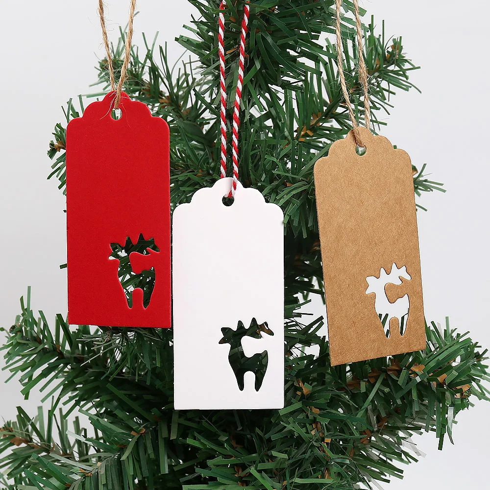 50pcs Hollowed Deer Tree Snow Paper Tags Christmas Gift Tag Candy Cookie Bag Boxed Hang Labels for Christmas Decoration Supplies