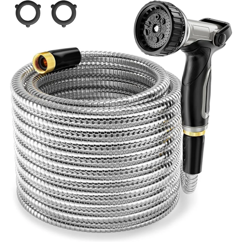 

1/2 304 Stainless Steel Garden Hose, 150FT Water Pipe with Heavy Duty Metal Nozzle for Yard, Outdoor, Lawn - Flexible