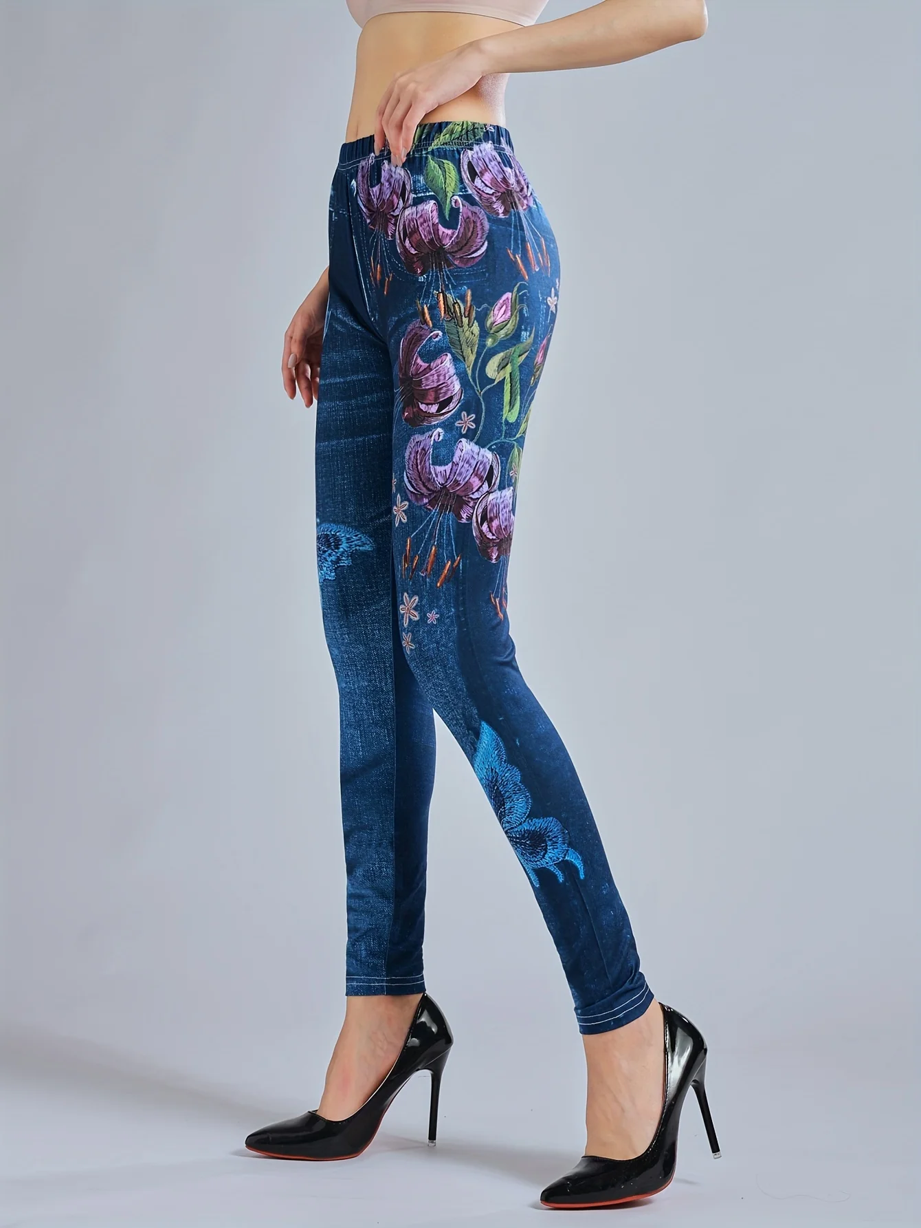Nieuwe Stijl Denim Geïnspireerde Broek Met Bloemenprint En Slanke Pasvorm Met Hoge Elasticiteit, Casual Leggings Met Hoge Taille Voor Dames