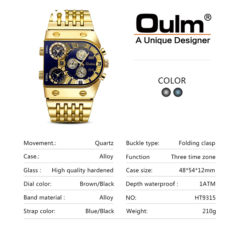 Oulm Luxury Big Size Men\'s Business Watches Three Time Zone Outdoor Sports Male Watches Casual Military Waterproof Men\'s Watches