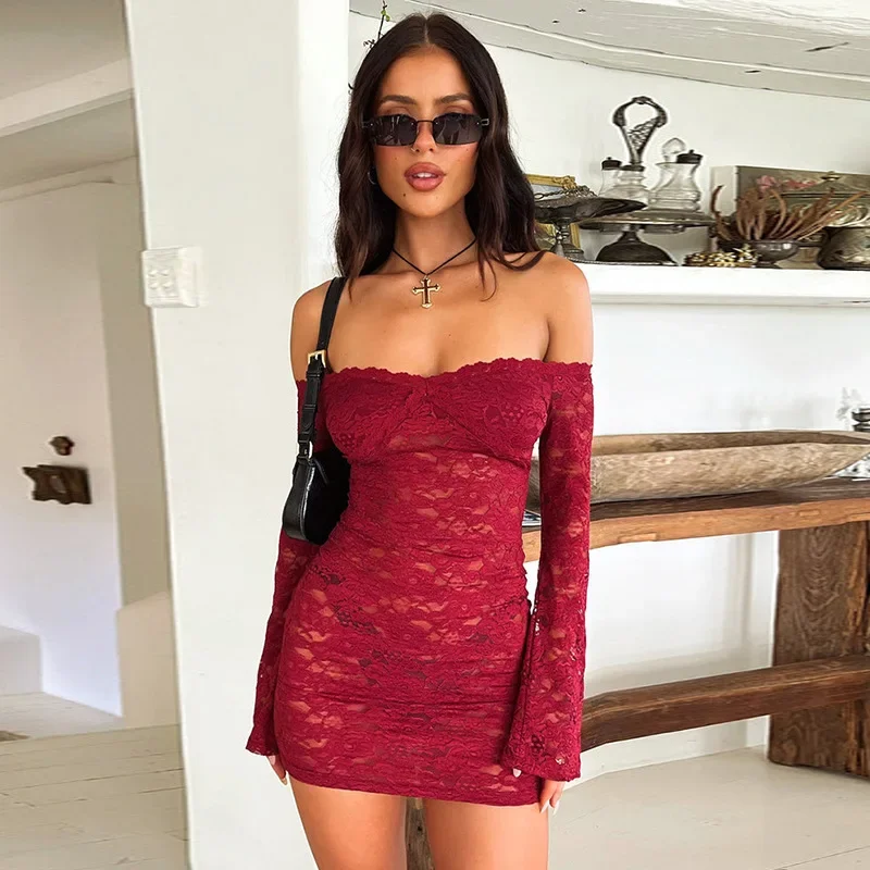 BWQ Perspective Lace Sexy Party Dress Women Off Shoulder Mini 2024 Autumn Winter Dress Slim Bodycon Dresses Vestidos