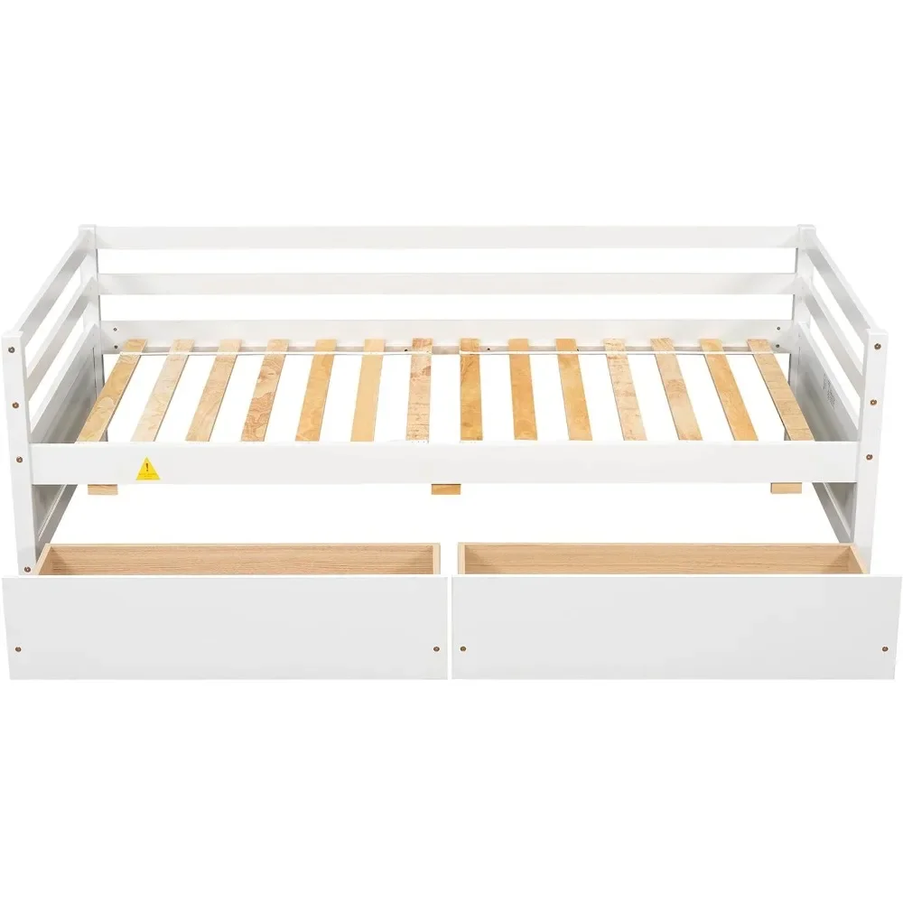 Twin Ligbed Met 2 Opbergladen, Houten Twin Size Ligbed Frame, Dual-Use Ligbed Sofa Kids Bed, Kinderkamer