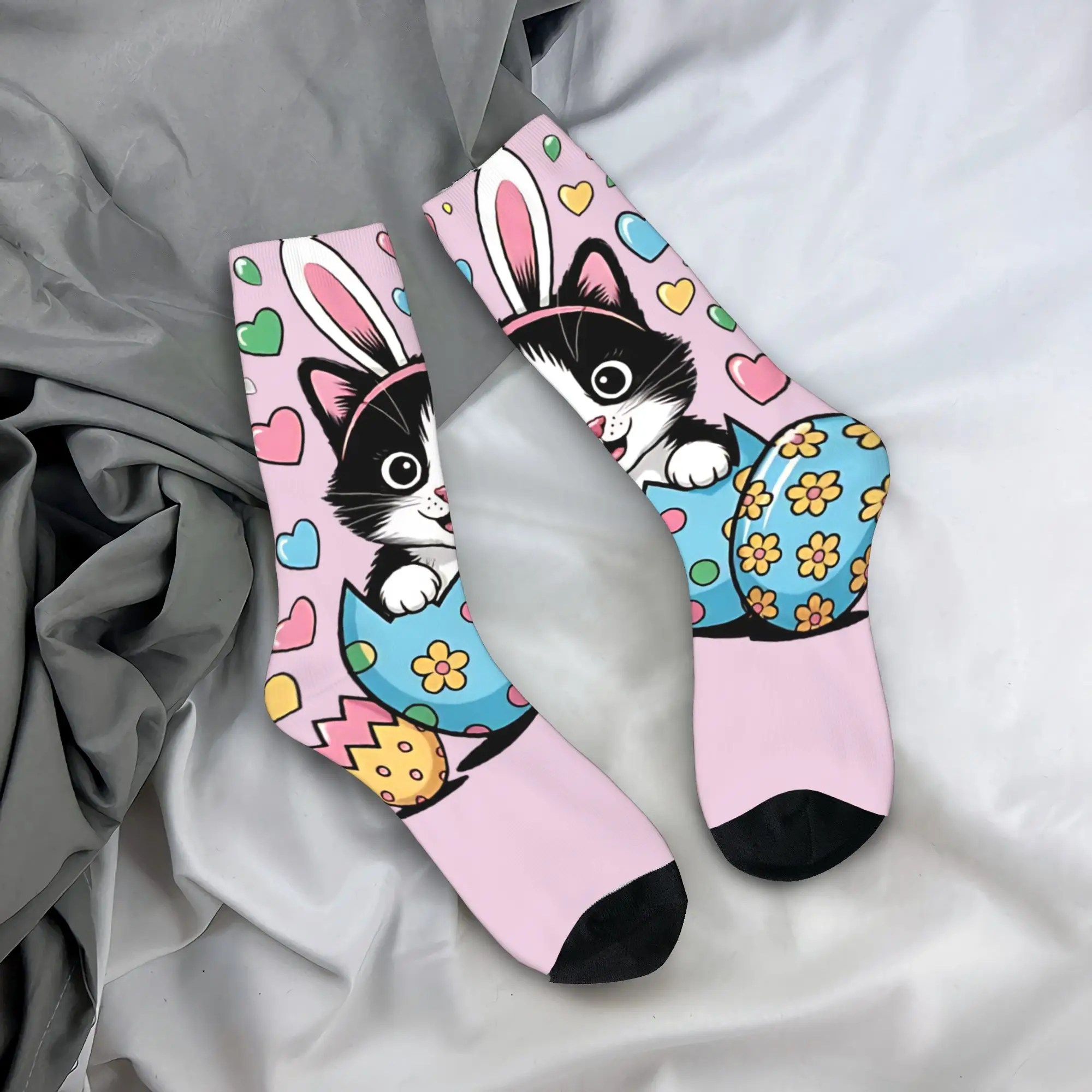 

Funny Easter Cats Ears Bunny Eggs Socks Graphic Stockings Non Slip Unisex Men Socks Quality Autumn Gothic Running Socks