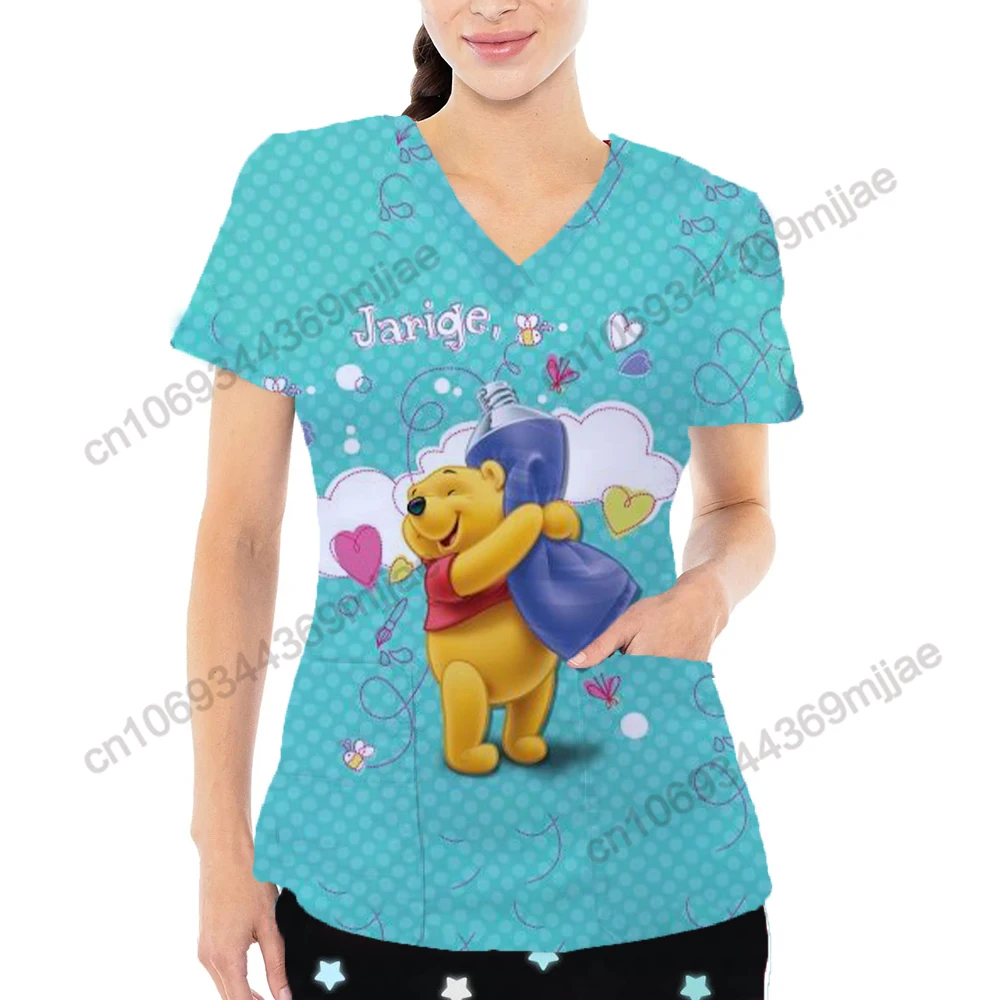 2024 New Summer V-neck large pocket design Y2k style comfortable and casual women\'s T-shirt Pretty Disney pattern nurse uniform