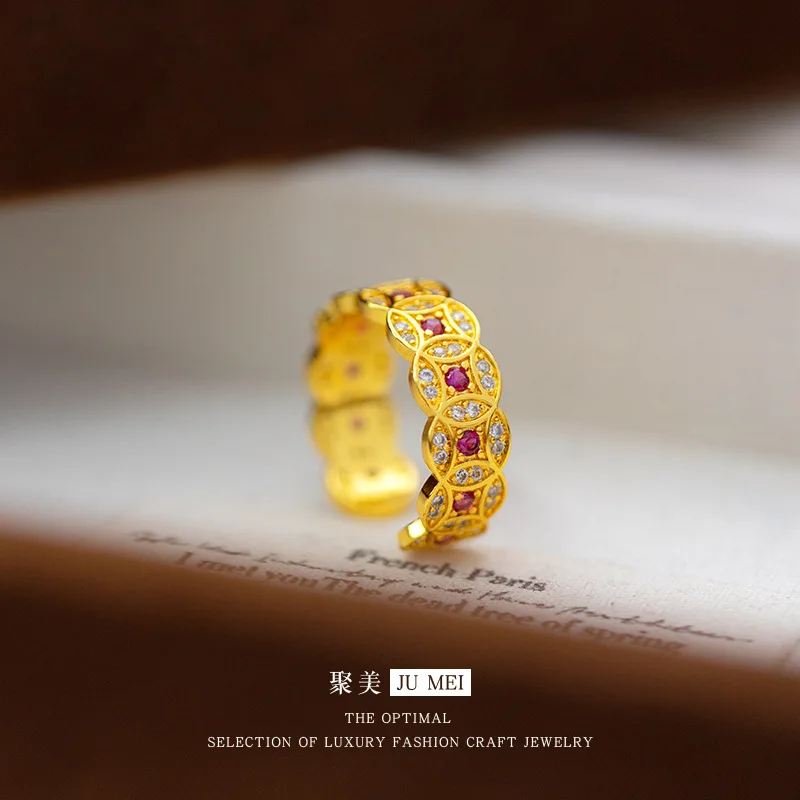 

9999 24-каратное настоящее золото, светлое роскошное кольцо в виде старых денег, розово-красное бриллиантовое кольцо для монет для женщин с открытым ртом, медное кольцо для монет с бриллиантом