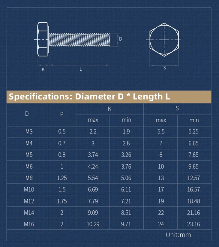 M3 M4 M5 M6 M8 M10 304 Stainless Steel Full Thread External Hex Hexagon Screw Full Tooth Bolt