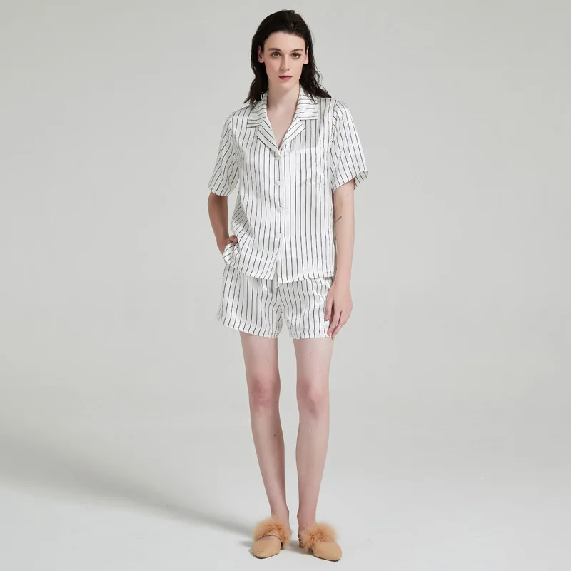 

Striped Silk Pajamas Women's Summer Short Sleeve Suit Casual Homewear Couple's High-Grade