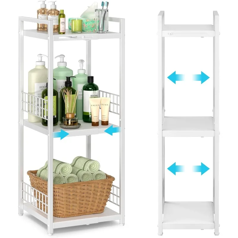 

Expandable Slim Storage Shelf, 3 Tier Metal Shelving Unit for Bathroom Storage Organizer, Free-Standing Narrow Shelf, Open Floor