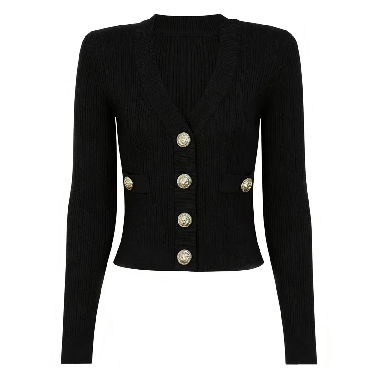 

22010 Women Ribbed Knit Crop Cardigan V Neck Long Sleeve Luxury Gold Metal Buttons Slim Fit Elegant Office Casual Short Knit Top
