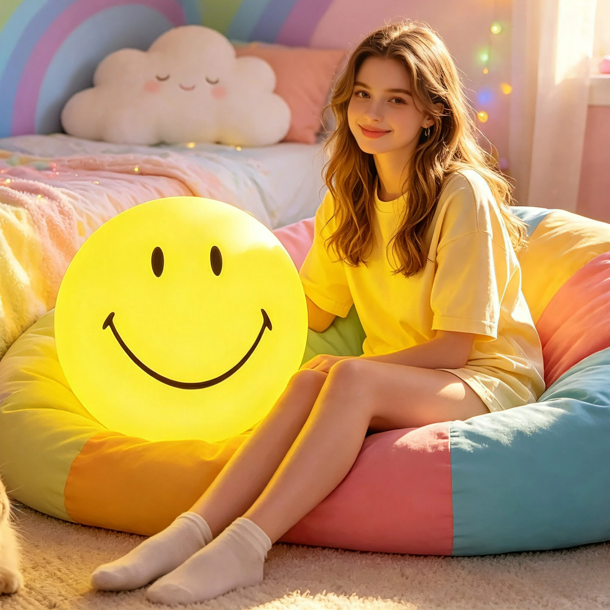 Cute Smiling Face Mood Light with Remote Control 3 Color Dimming Home Living Room Bedroom Dining Room Study Decorative Light