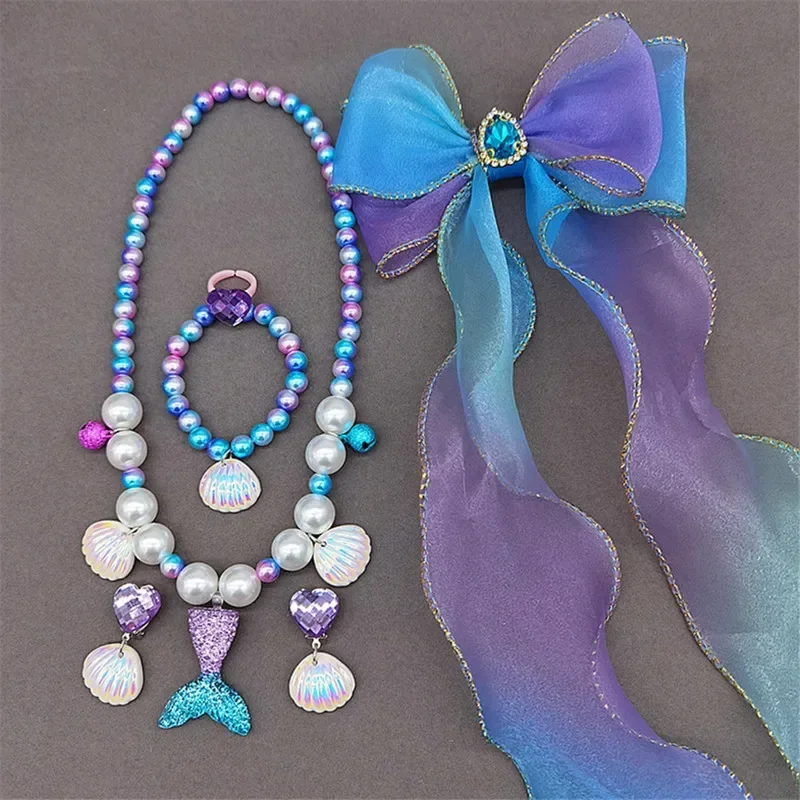 

Girl's Mermaid Theme Sequin Hair Accessories Mermaid Jewelry Kit Necklace Ring Hair Clips Hair Rope Cure Jewelry Gift For Kids