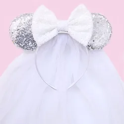 New White Day Mouse Ears Hairband With Veil Sequins 5