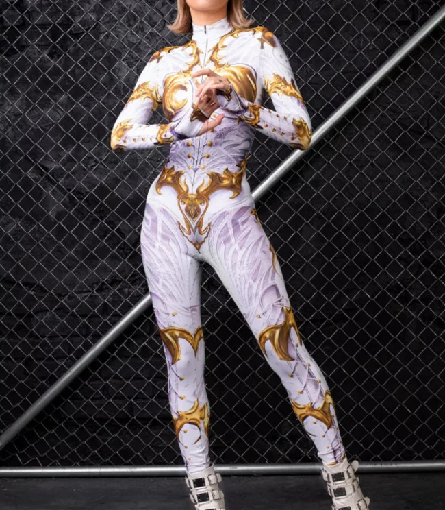 Damen Cosplay Totenkopf Steampunk Kostüm Elastische Bodysuits Cyberpunk Mechanische Goldene Rüstung Jumpsuit Halloween Party Romper – Detail 15