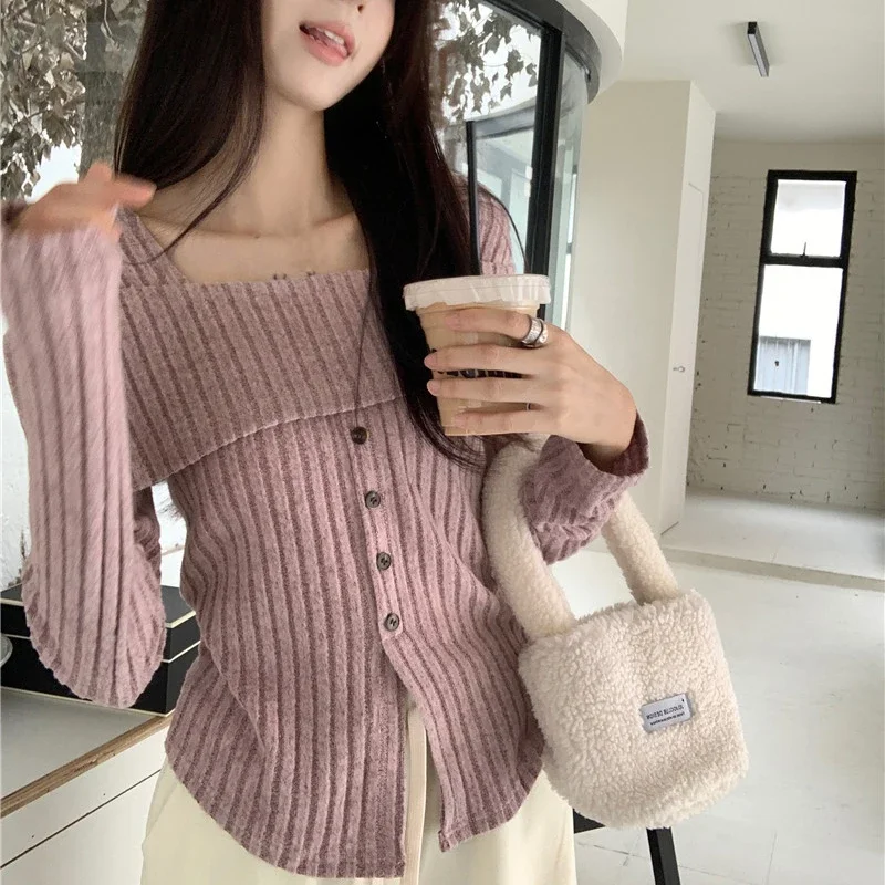 Y2K Pink Women T Shirts Korean Sweet Knitted Long Sleeve Women Casual Tops Autumn New All Match Square Collar Ladies Crop Tops