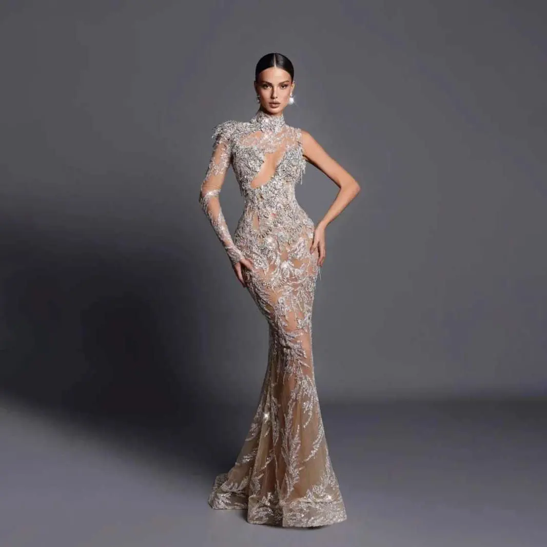Sexy Abendkleid Meerjungfrau-Abendkleid Einärmelig Hochgeschlossen Pailletten Applikationen Kristall 3D-Spitze Ballkleider Übergröße Maßanfertigung