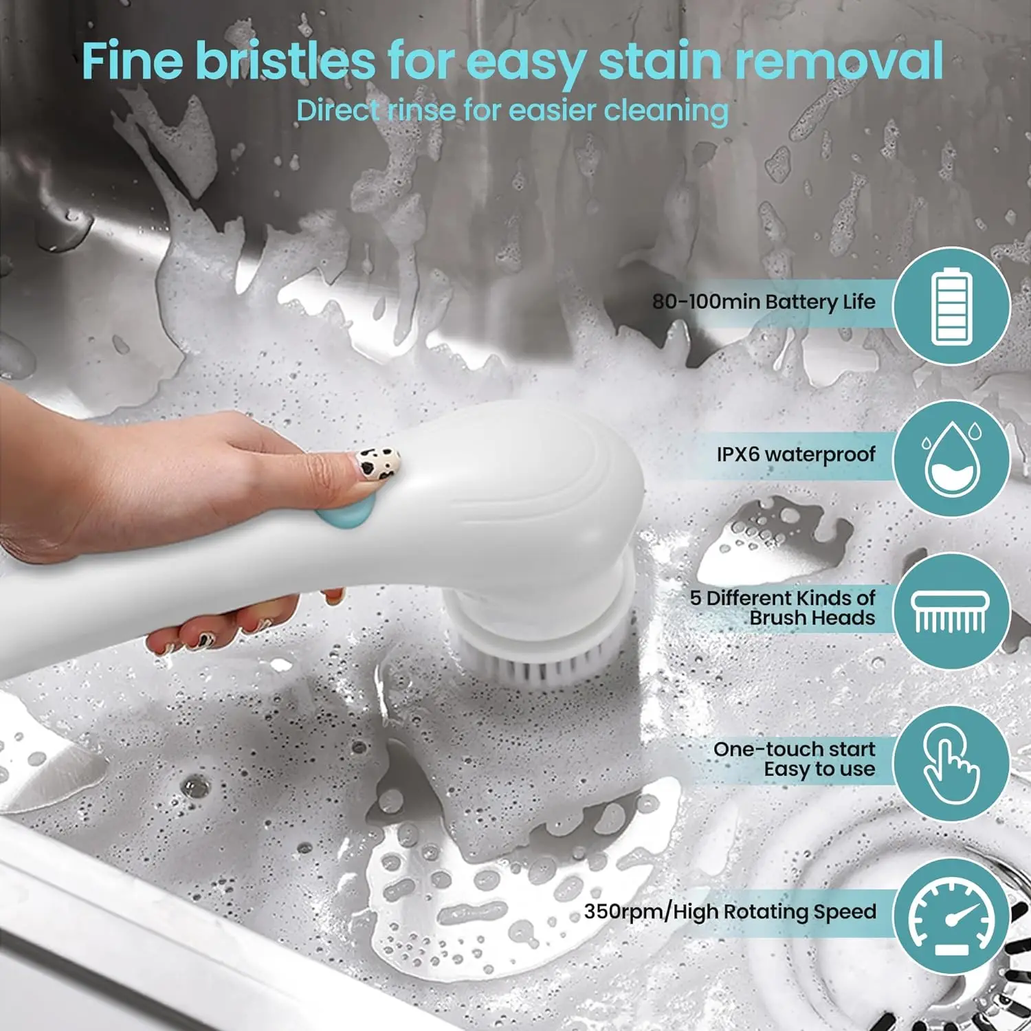 Electric Cordless Motorized Cleaning Brush and Five Interchangeable Brush-Heads,Handheld Power Shower Scrubber