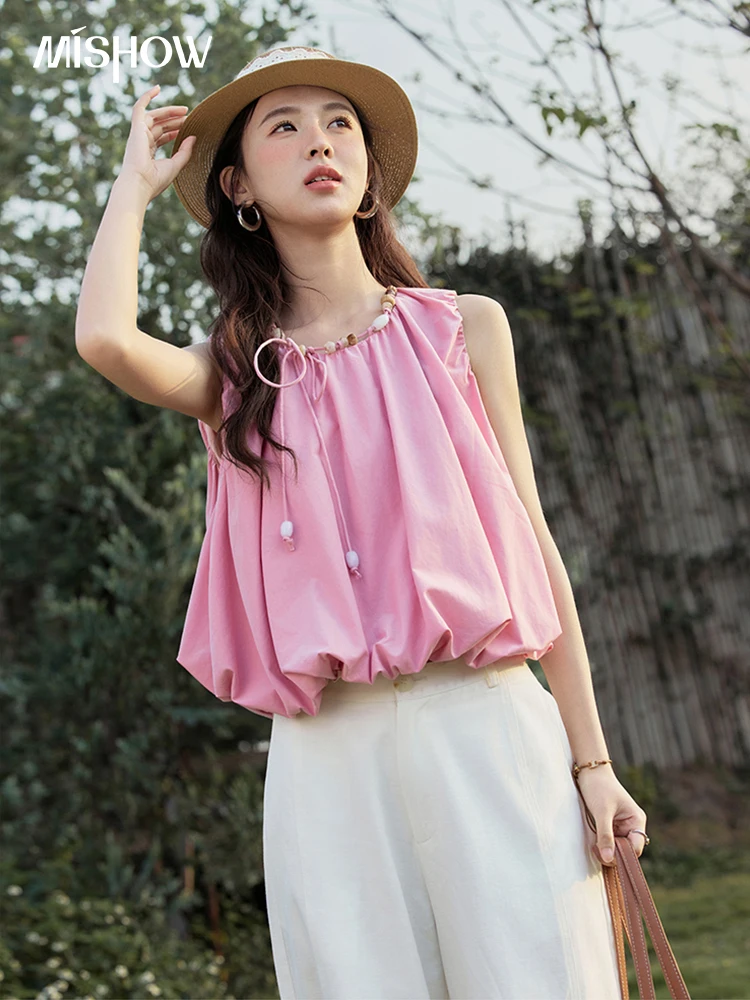 MISHOW French Rose Red Blouses Women Summer 2025 Sleeveless Round Neck Beaded Strap Design Short Tops Lady New Thin MXE32X1773