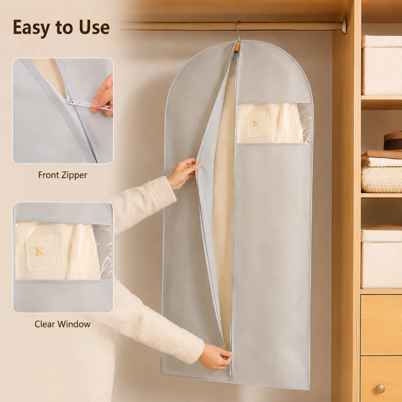 Garment Cover Dust Bag Non Woven Hanging Clothes Protector with Clear Window Zipper for Coat Dress Wardrobe Storage Home Closet