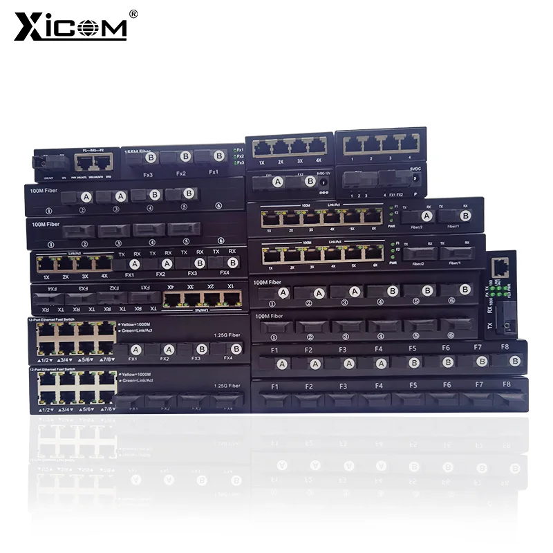 Fiber Optical Transceiver Single Mode 10/100M 20KM Ethernet Fiber Switch 6 Fiber Optic Port 2 RJ45 Port with 12V 2A Power Supply