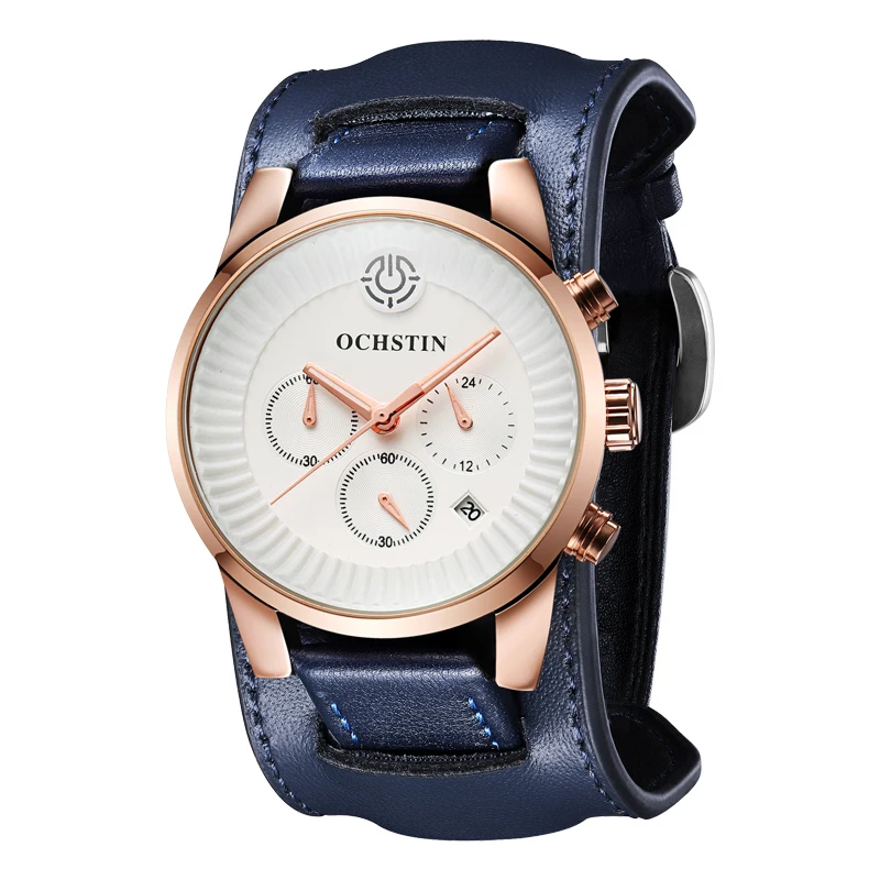 

OCHSTIN New Fashion Mens Watches Top Luxury Brand Rose Case Leather Strap Waterproof Quartz Wristwatch Male Military Chronograph