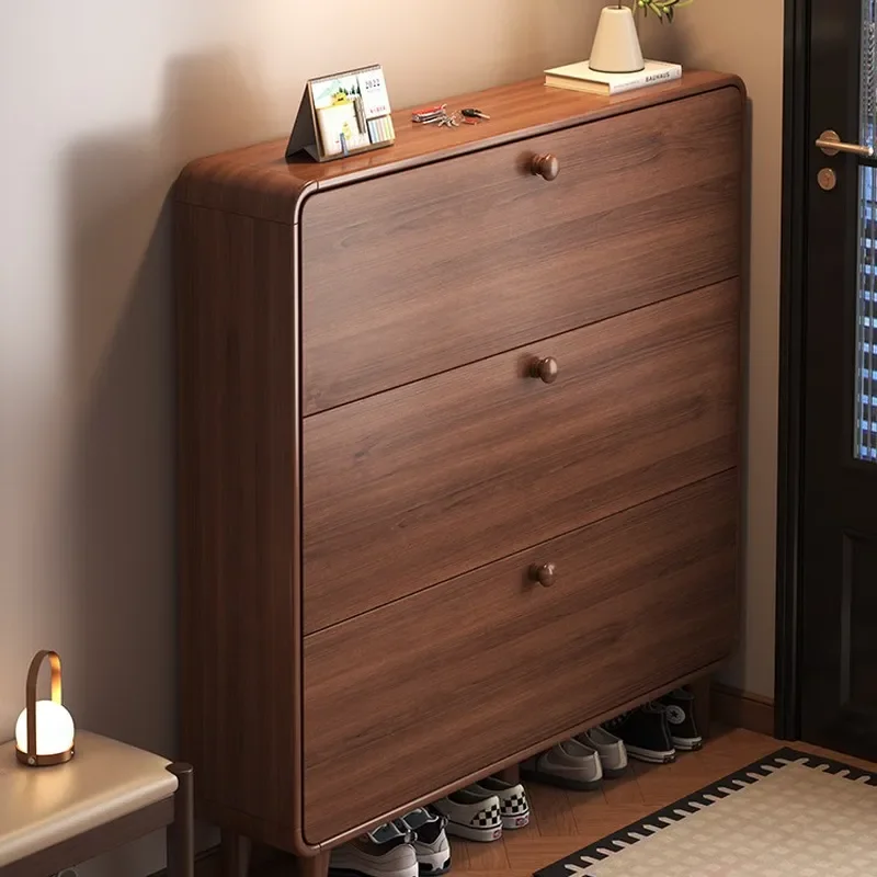 Ultra-Thin Solid Wood Shoe Cabinet for Entryway Small Narrow Space Saving Shoe Rack Large Capacity Modern Hallway Storage
