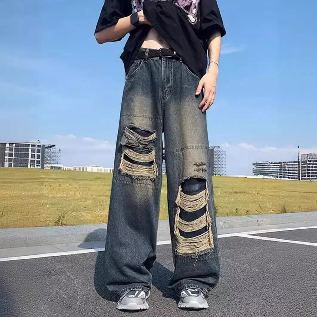 Men's Dark Vintage Wash Baggy Wide Leg Jeans Multi-layer Frayed Ripped Detail Hip Hop Street Style Casual Daily Street Outing Loose Denim Trousers