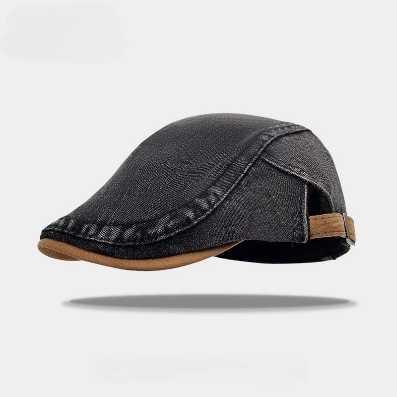Denim Flat Cap Men Women Black Washed Newsboy Cap Vintage Retro Ivy Hat Casual Adjustable Leather Trim Gatsby Beret Hat