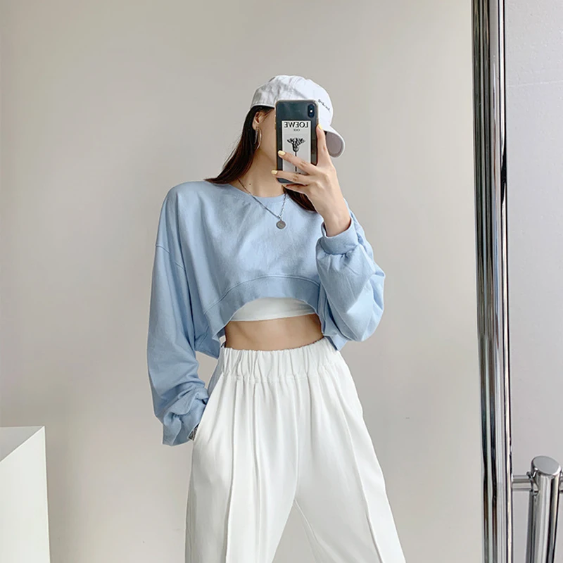 Fashion Korea kaus pendek wanita seksi warna polos atasan Crop longgar wanita kasual Streetwear ukuran besar pullover wanita