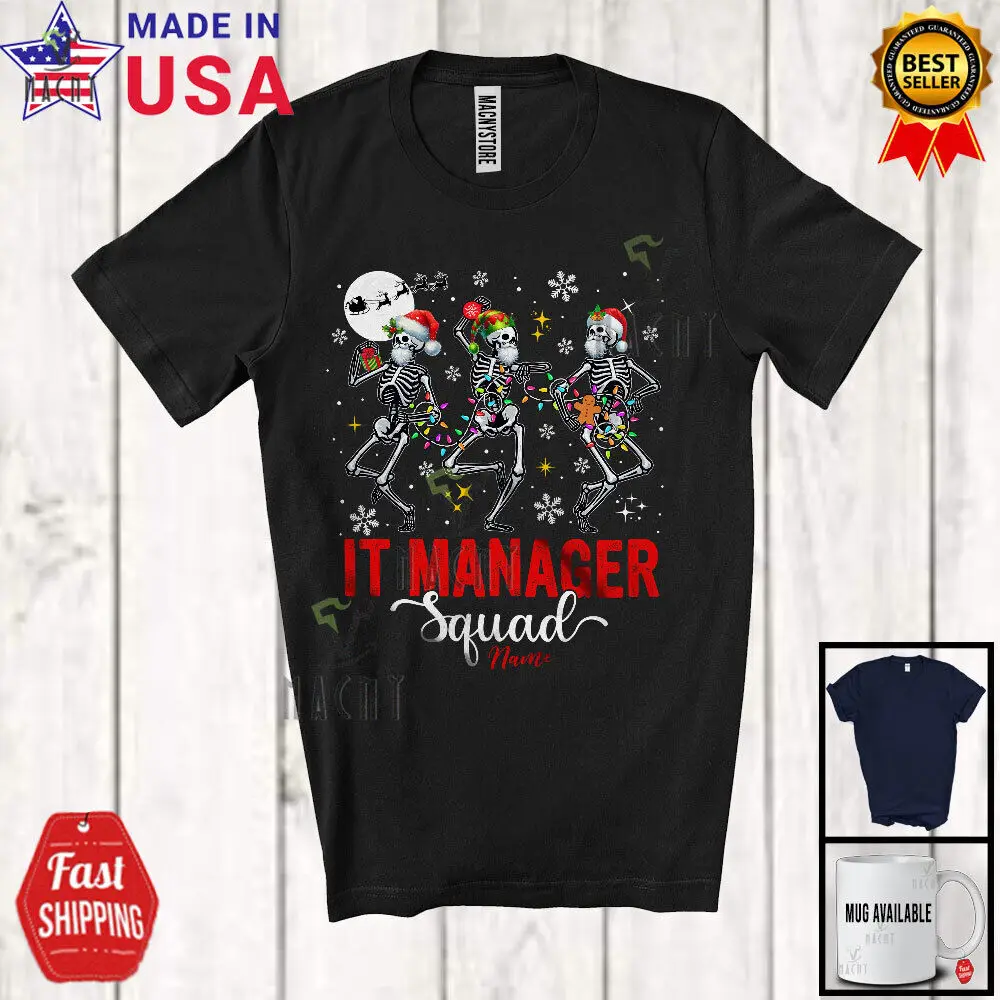 

Custom Name IT Manager Squad; Joyful Christmas Three Dancing Skeletons T-Shirt