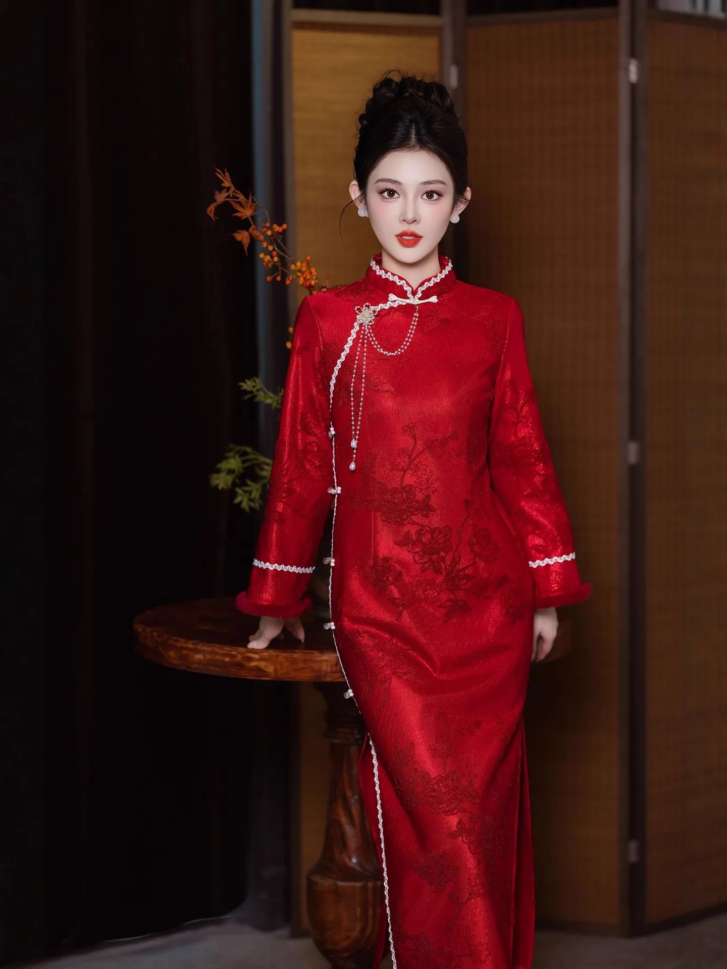 

Wine Red Retro New Chinese Wedding Cheongsam Female 2025 Autumn Bridal Engagement Dress Jacquard Satin Cheongsam
