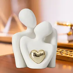Desk Couple Statue Couple Hug Figurine Golden Heart Embrace Couple Figurine Sculpture for Room Bedroom Decor Ceramic Men Women