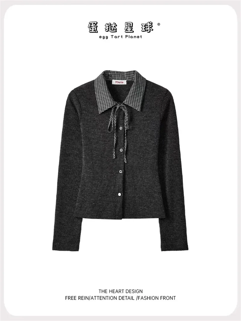Maglione lavorato a maglia con colletto polo per donna in stile college primaverile, vestibilità slim, vita stretta, maniche lunghe, top a strati a quadretti retrò