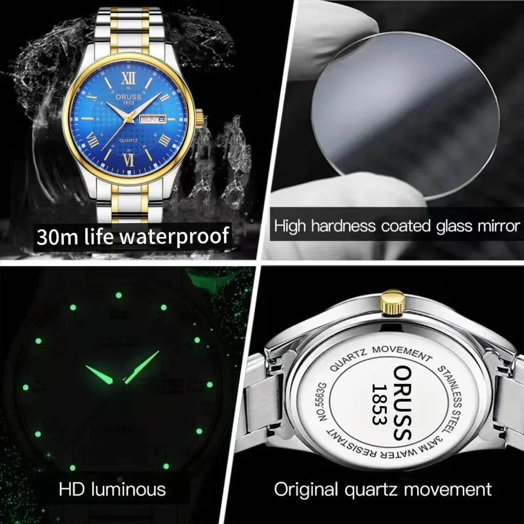 ORUSS الأصلي الرجال الفولاذ المقاوم للصدأ التقويم المزدوج مقاوم للماء مضيئة ساعة ذهبية فاخرة موضة كوارتز ساعة اليد الذكور وصول جديد