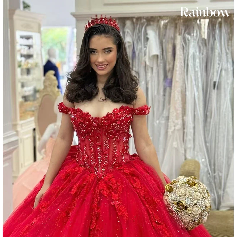 

High Quality Quinceneara Dress Embroidered Lace On Net With Sequins Princess Ballgown Off The Shoulder Customized Birthday Party