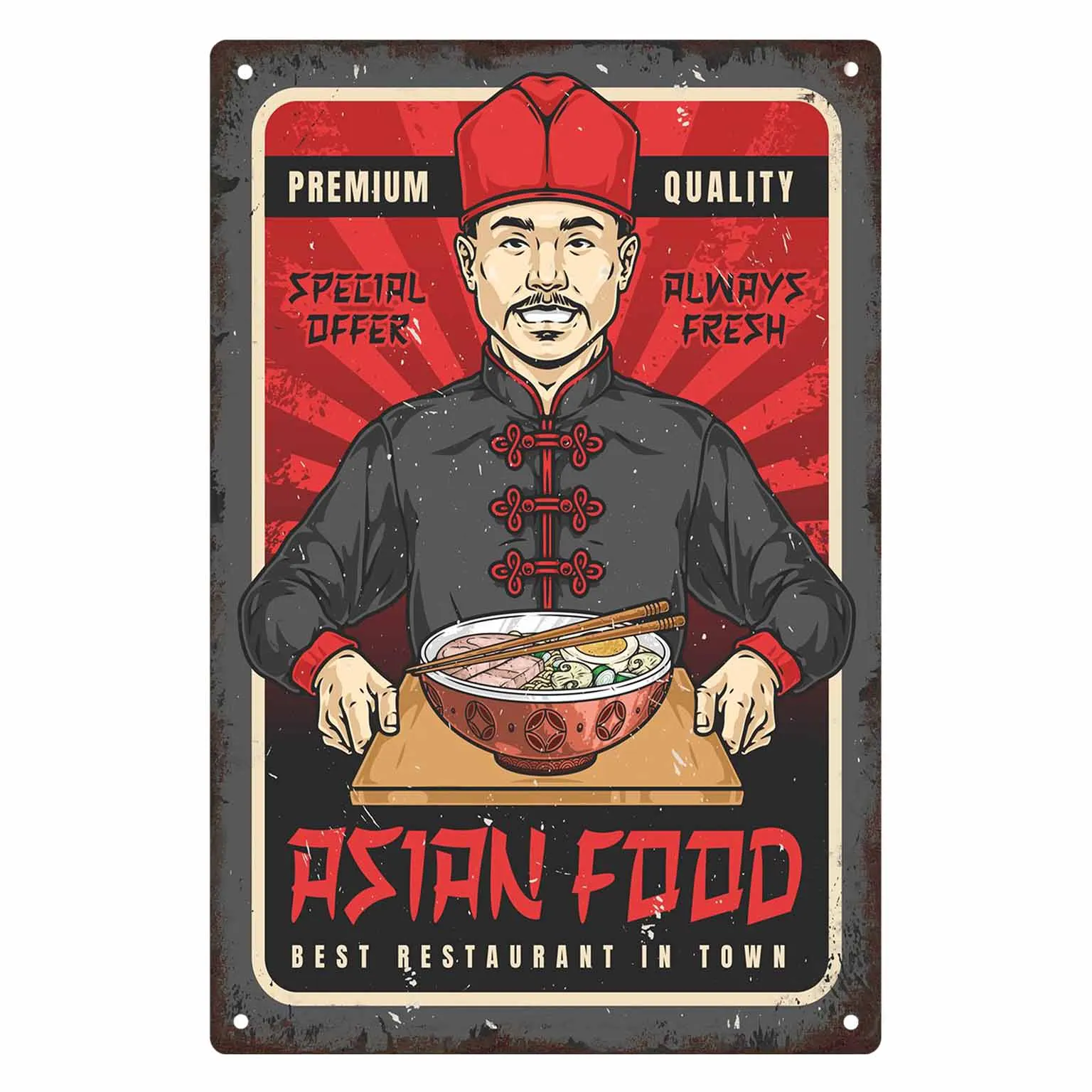 2D FLAT 1pc Retro Asian Food Chef Metal Wall Sign Decoration for Home Cafe Kitchen Restaurant Bar And Dining Room