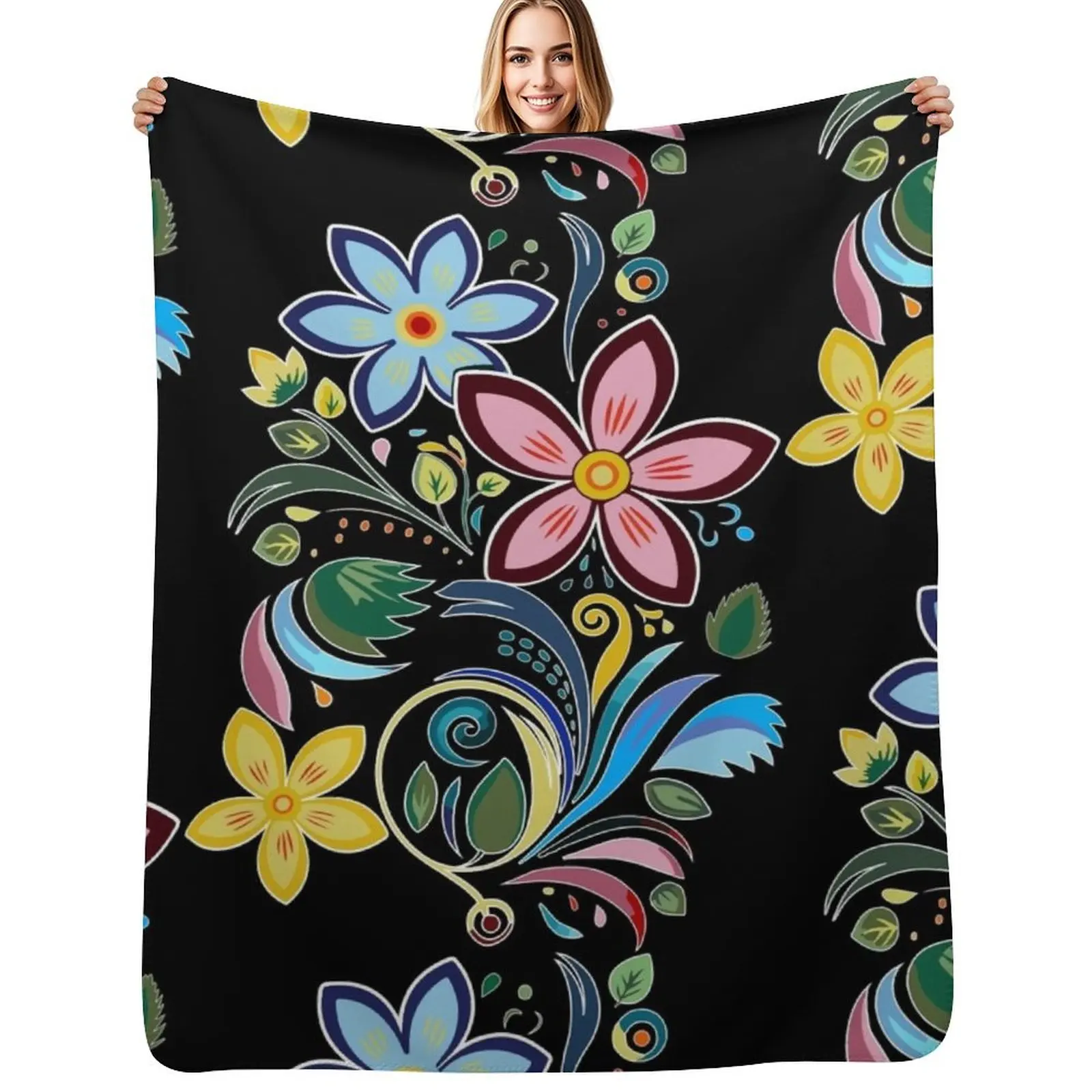 

Traditional Ojibwe Pattern, Indigenous Floral Design. Throw Blanket Hairy funny gift Flannel Fabric Vintage Blankets