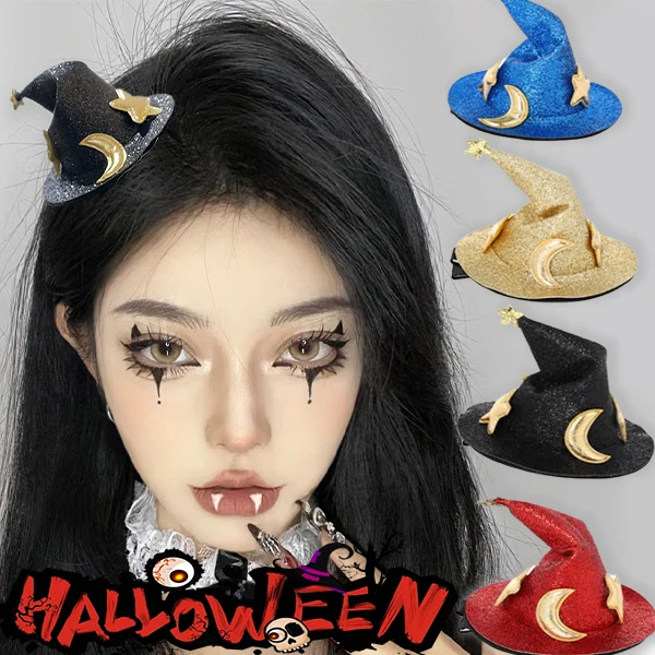 Halloween Witch Hat Hair Clip Mini Star Moon Witch Cap Hairpin Headdress Women Party Costume Ornaments Headwear Party Hairpins