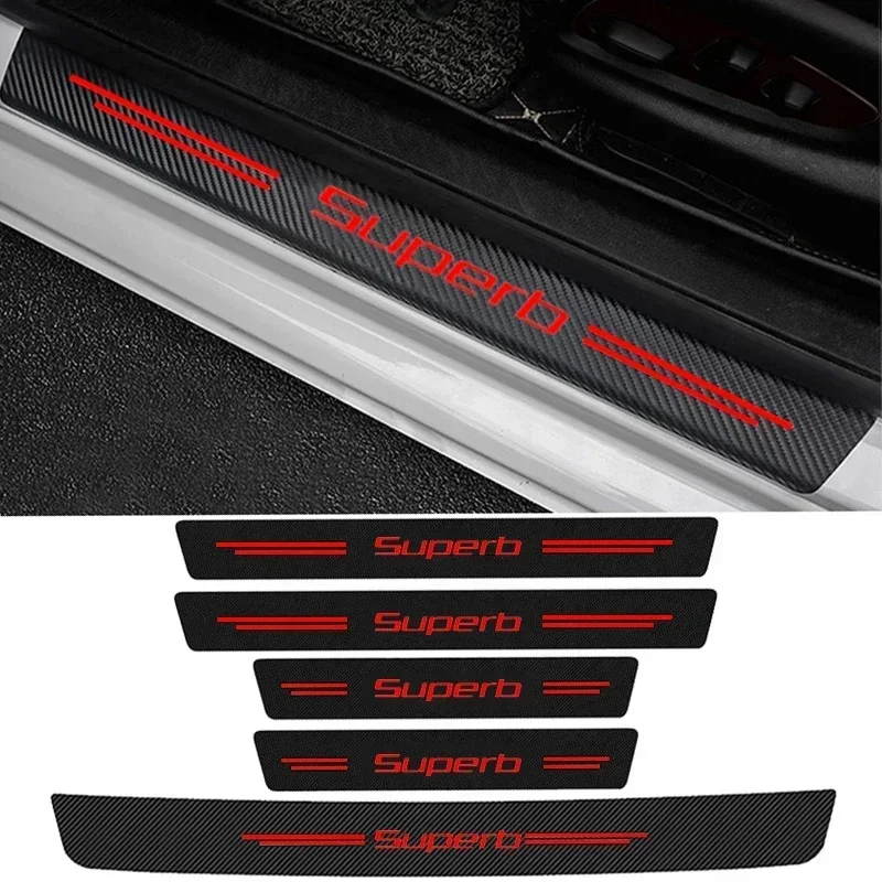 Carbon Fiber Car Door Sill Rear Trunk Bumper Guard Plate Protector Stickers for Skoda Superb Logo Threshold Anti-Scratch Decals